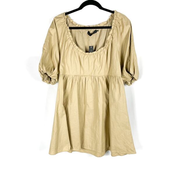 House of Harlow Ajay Mini Dress Linen Cotton Tan Puff Sleeves Babydoll Sz M - Picture 4 of 11